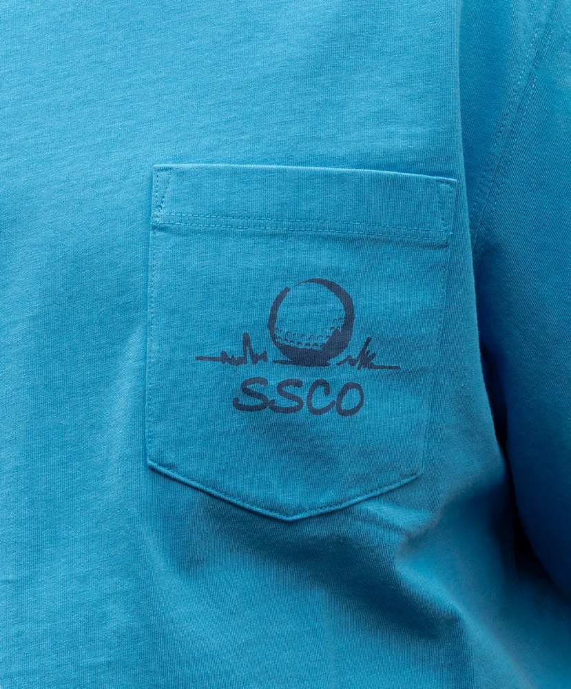Blue shirt with a pocket featuring a logo and 'SSCO' text.