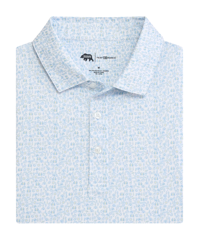 Light blue ONWARD RESERVE patterned shirt with Performance label on a white background