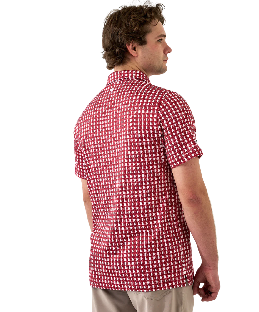 Man wearing red and white polo with Alabama state outline print. Perfect for Game Day.
