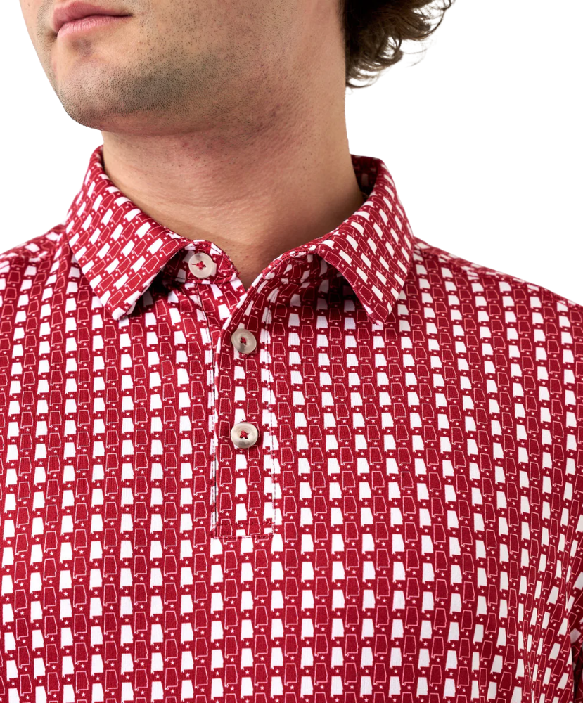 Man wearing red and white polo with Alabama state outline print. Perfect for Game Day.