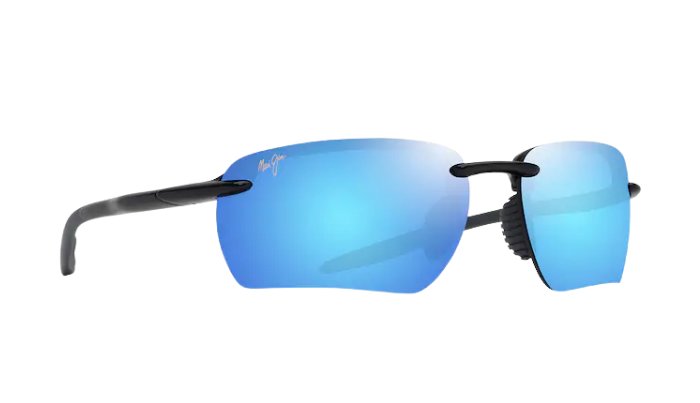 A pair of rimless sunglasses with a black frame and vibrant blue mirrored lenses, shown from a side angle on a solid white background.