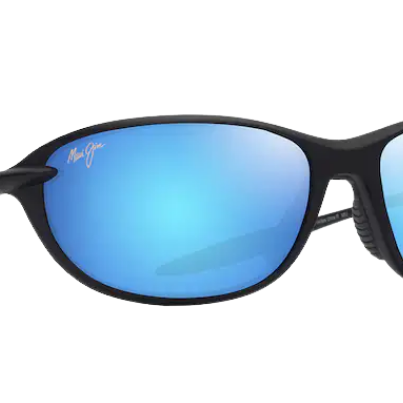 Black Maui Jim polarized sunglasses with blue reflective lenses on a white background