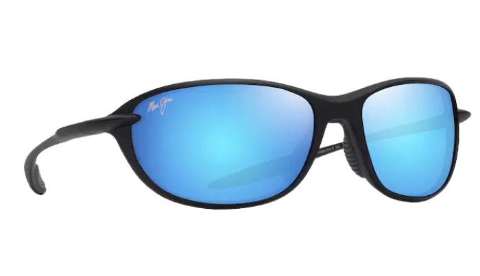 Black Maui Jim polarized sunglasses with blue reflective lenses on a white background