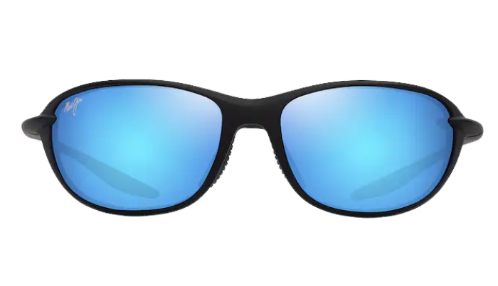 Black Maui Jim polarized sunglasses with blue reflective lenses on a white background