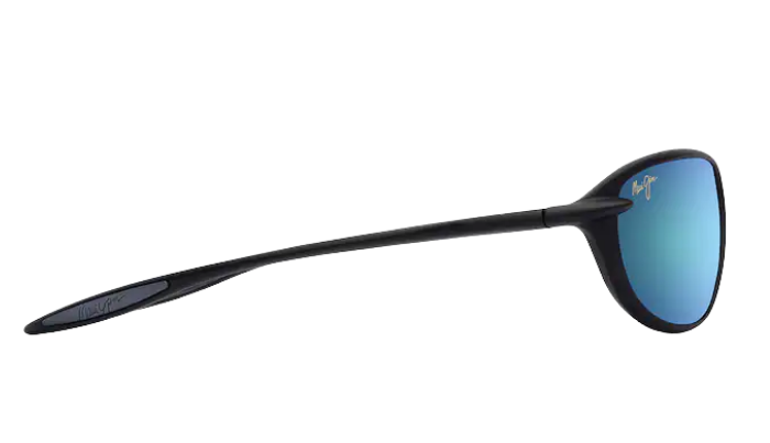 Black Maui Jim polarized sunglasses with blue reflective lenses on a white background