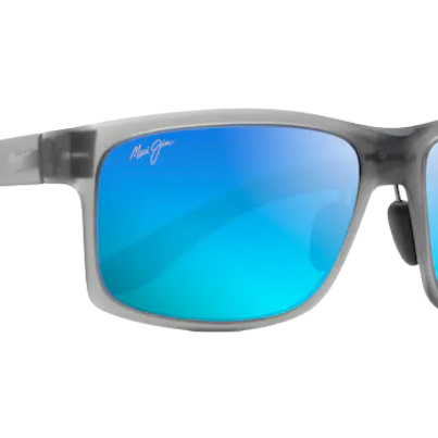 Maui Jim Sunglasses with blue polarized reflective lenses and gray frame on a white background