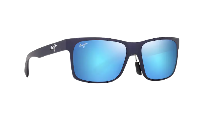 Sunglasses with blue reflective lenses on a white background
