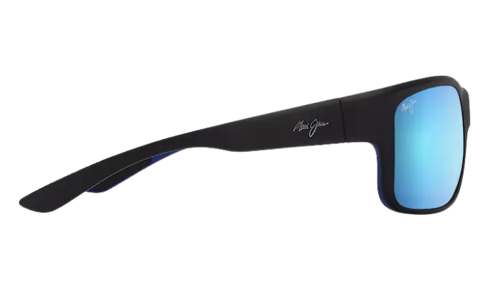 Black Maui Jim sunglasses with blue reflective polarized lenses on a white background