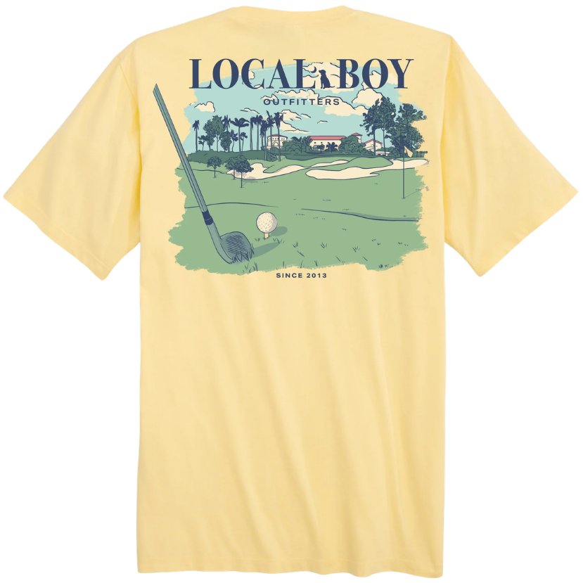 Yellow t-shirt with a golf graphic and 'Local Boy Outfitters' text on a white background