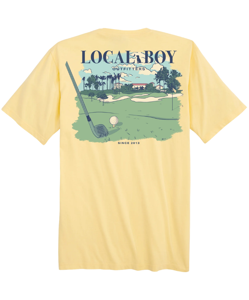 Yellow t-shirt with a golf graphic and 'Local Boy Outfitters' text on a white background