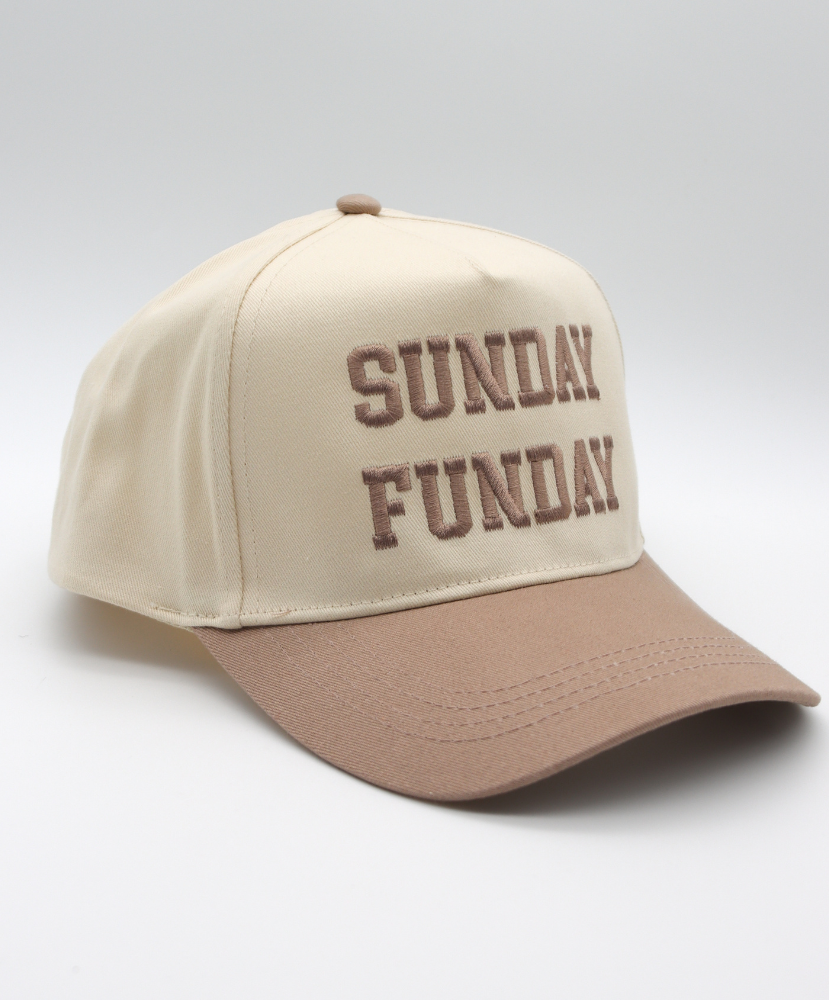 Beige cap with 'SUNDAY FUNDAY' text on a light gray background