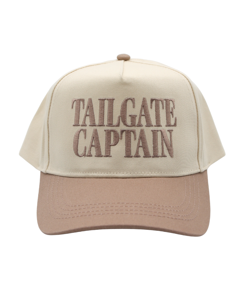 Beige and brown cap with 'TAILGATE CAPTAIN' text on a white background