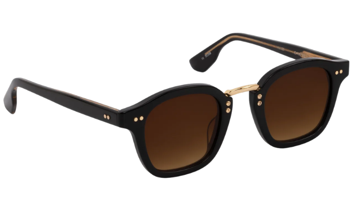 Krewe Sunglasses with black frame and brown lenses on a white background