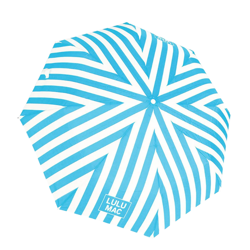 Blue and white striped pouch with 'Lulu Mac' branding on a white background