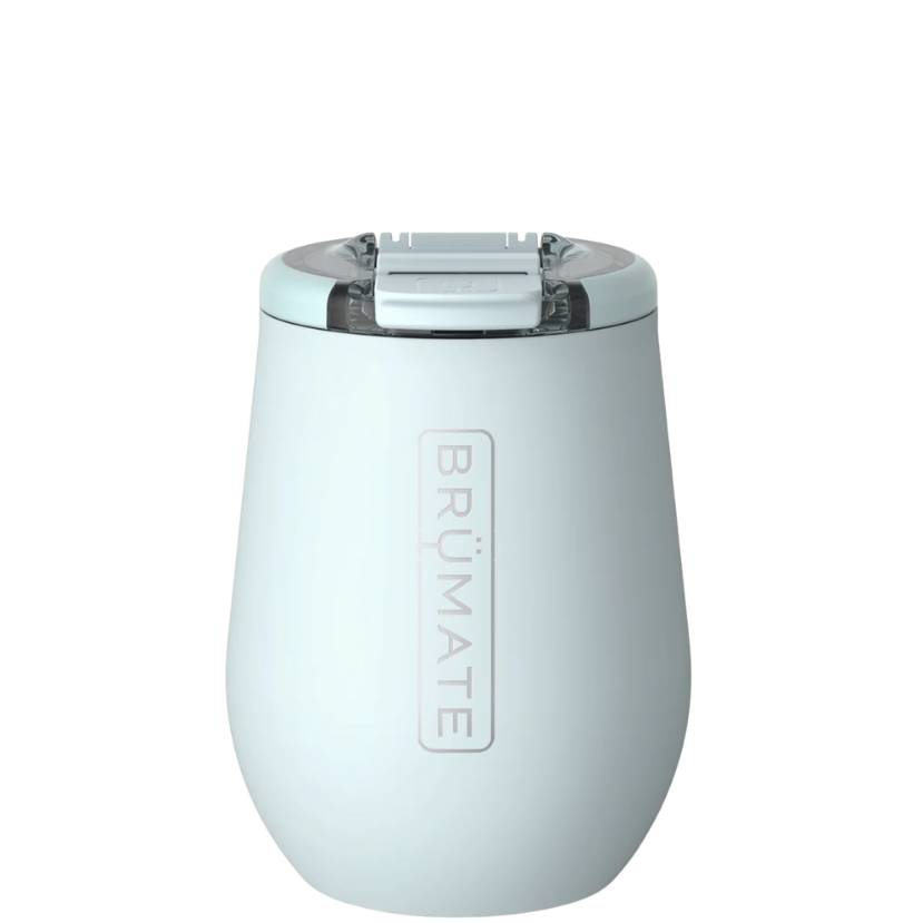Light blue wine tumbler with a silver lid on a white background, featuring the Brumate logo.