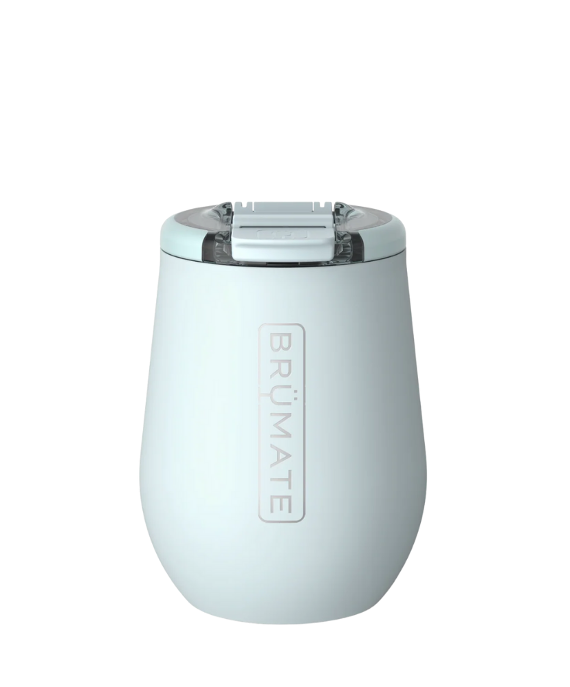 Light blue wine tumbler with a silver lid on a white background, featuring the Brumate logo.