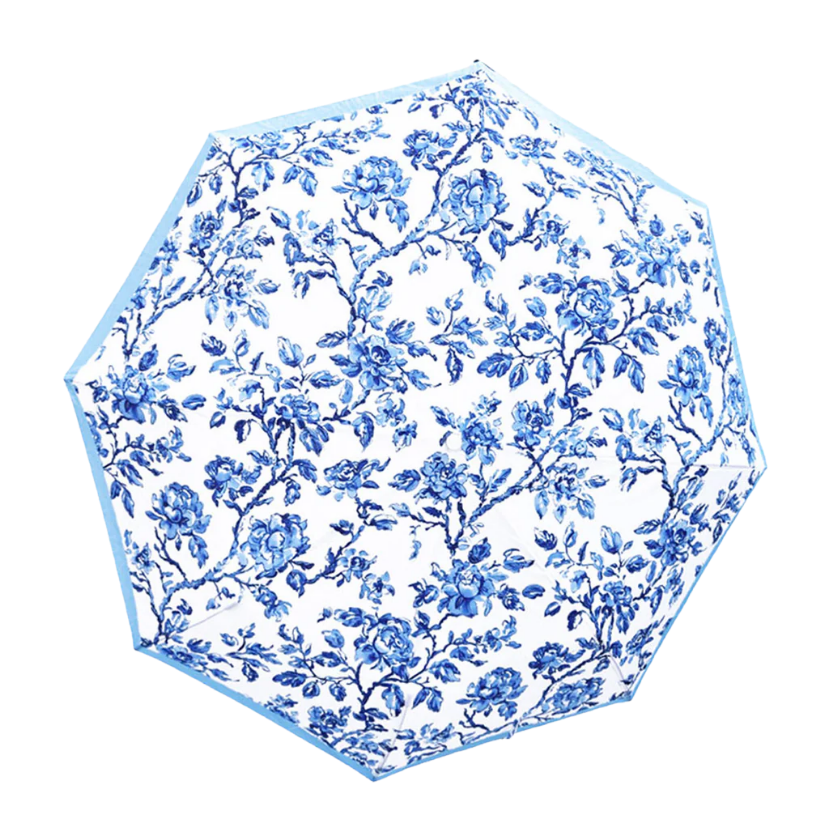 Blue floral patterned umbrella on a white background