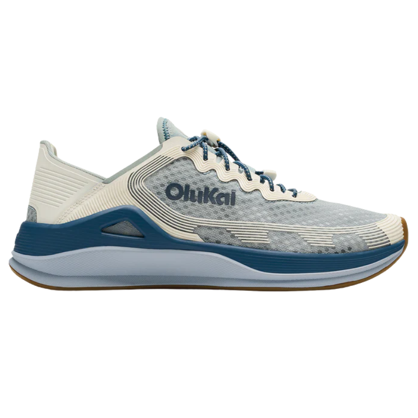 Gray and blue Olukai performance shoe with 'Olukai' branding on a white background