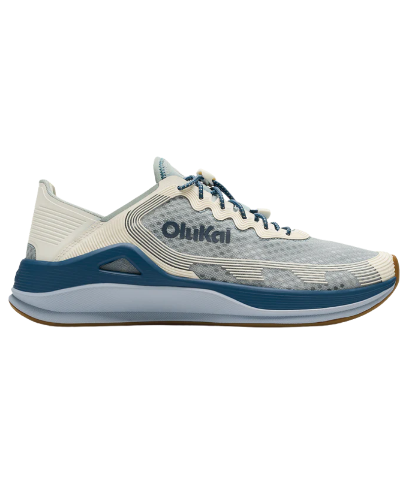 Gray and blue Olukai performance shoe with 'Olukai' branding on a white background