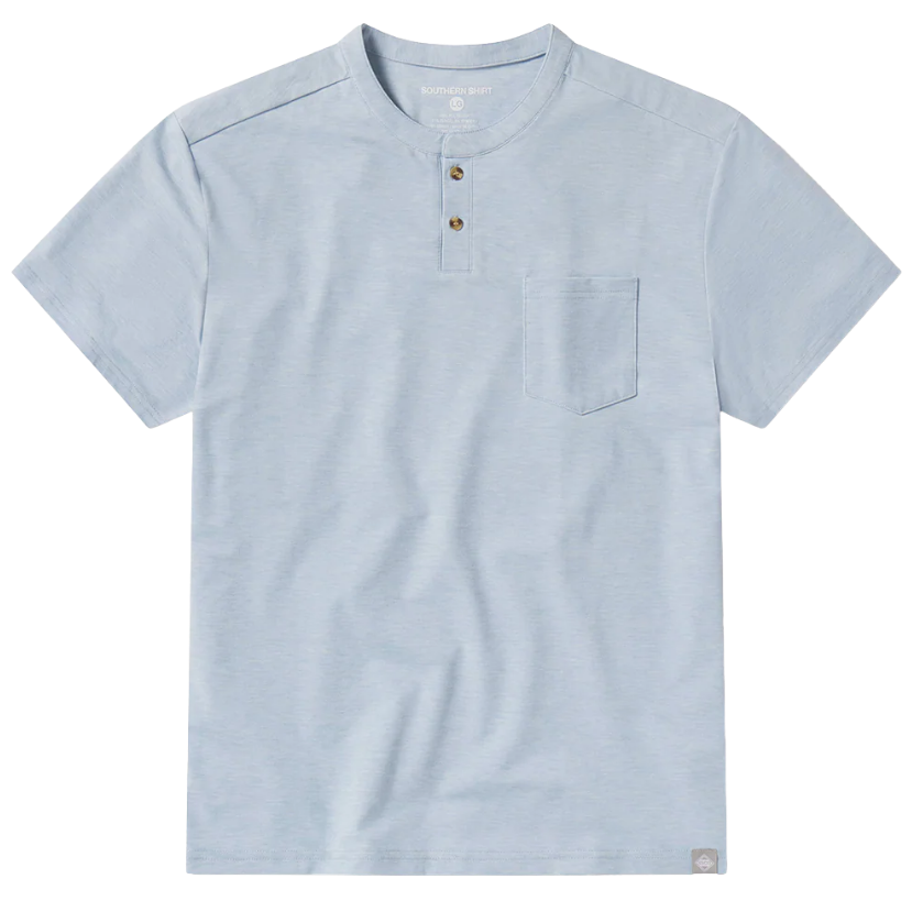 Light blue henley shirt with a pocket on a white background