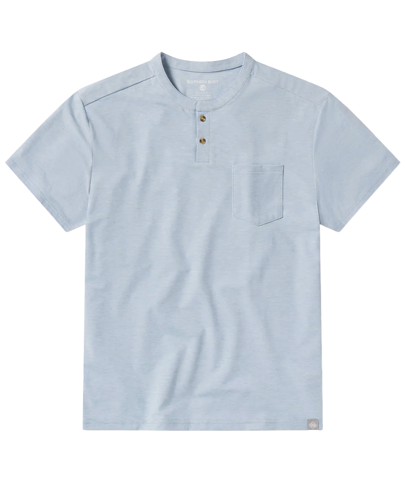 Light blue henley shirt with a pocket on a white background