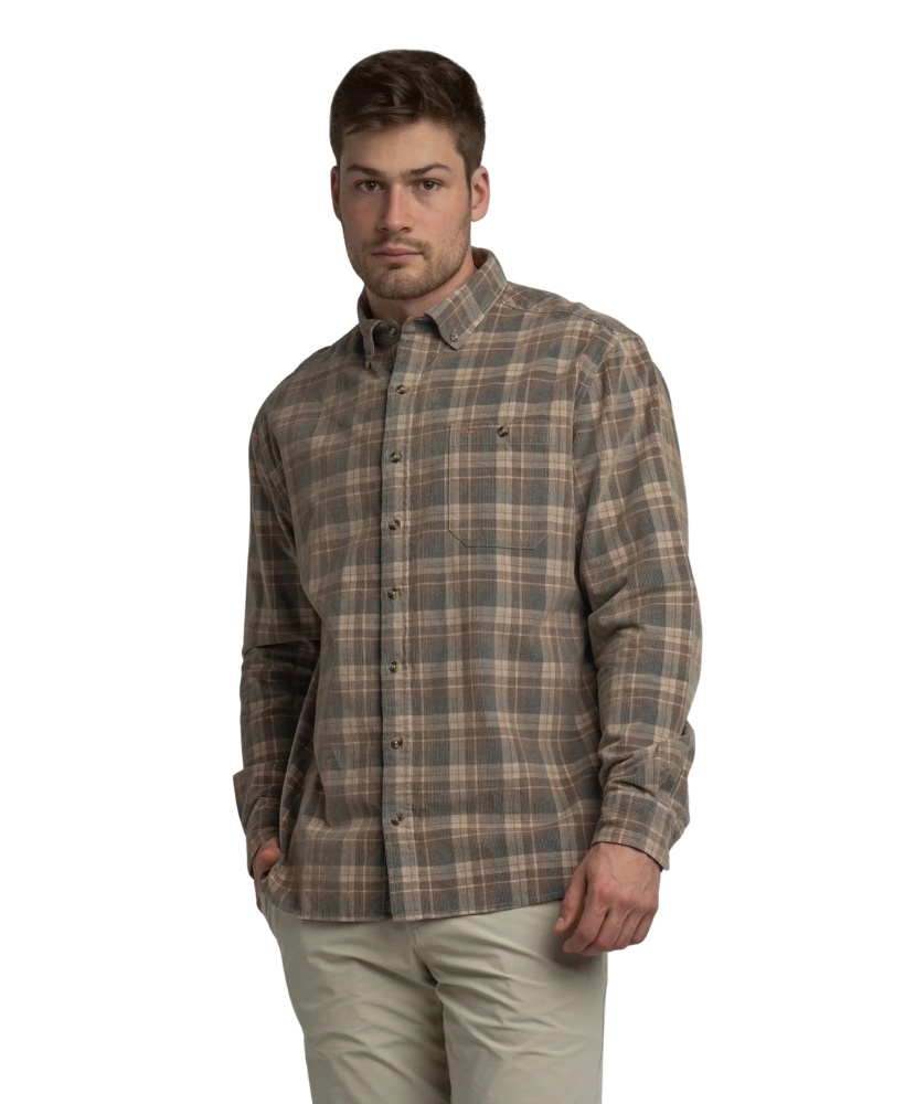 Man wearing a FLANNEL plaid shirt on a white background