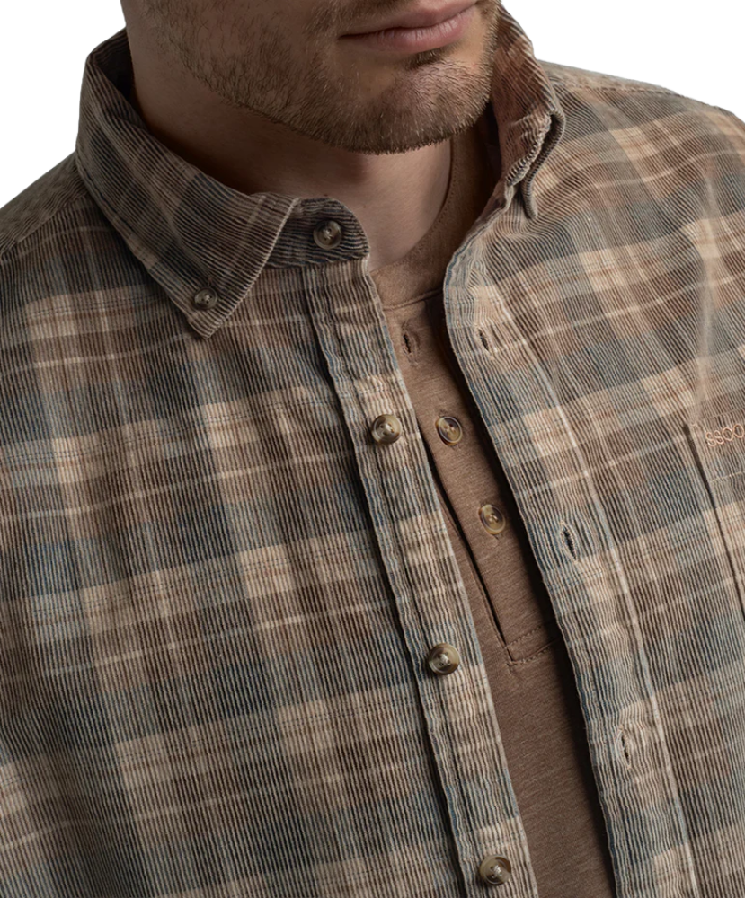 Close-up of a plaid shirt with a focus on the collar and buttons.