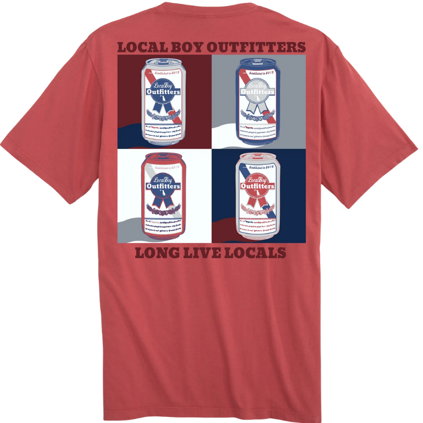 Red t-shirt with graphic design of beer cans and text on a white background