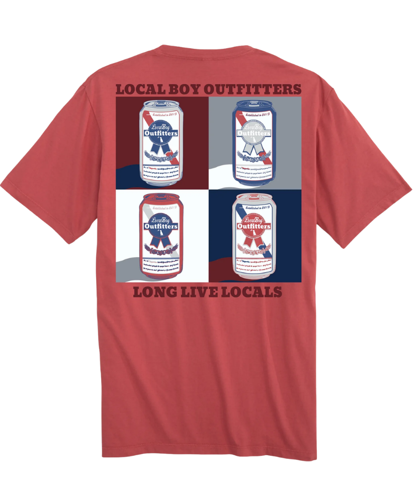 Red t-shirt with graphic design of beer cans and text on a white background