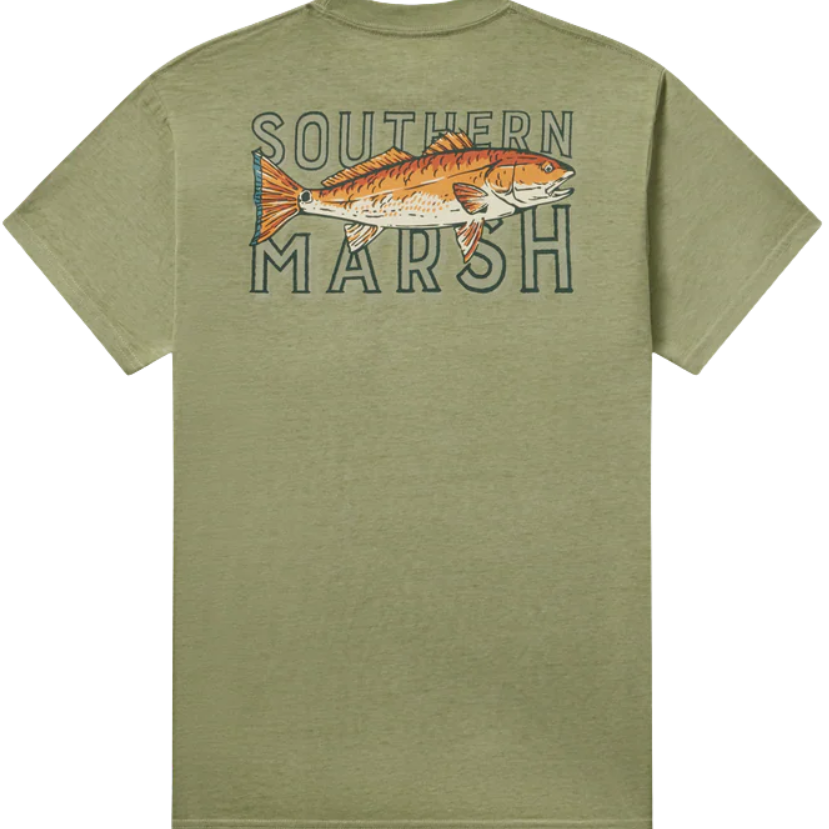 Green t-shirt with 'Southern Marsh' and redfish graphic on a white background