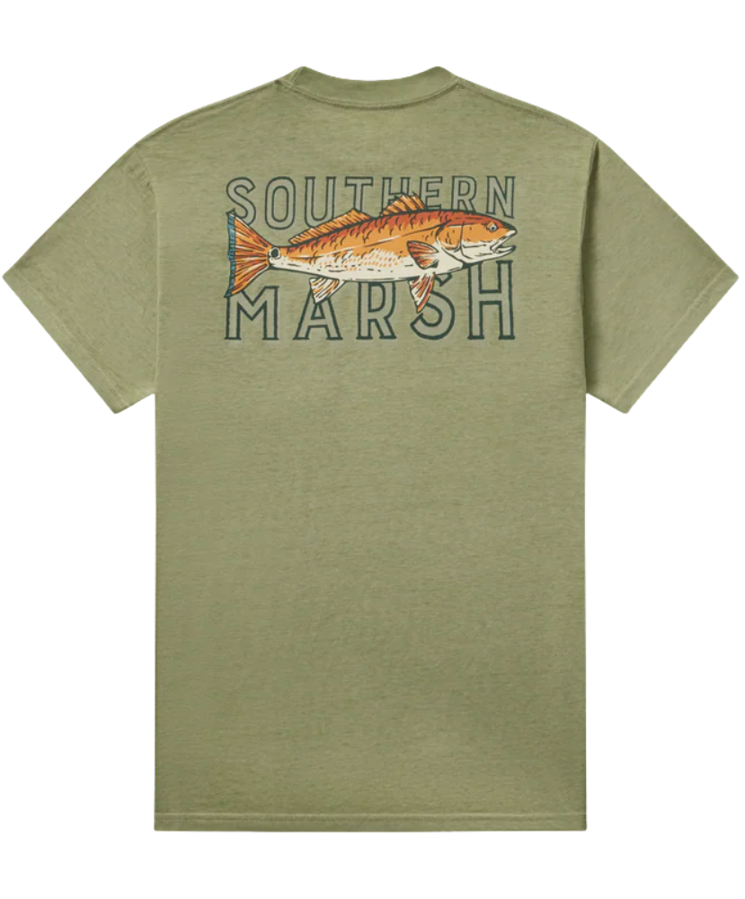 Green t-shirt with 'Southern Marsh' and redfish graphic on a white background