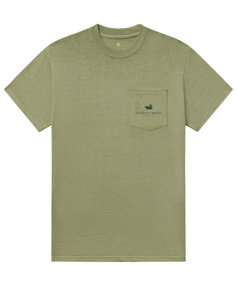 Green t-shirt with a small logo on the chest pocket against a white background