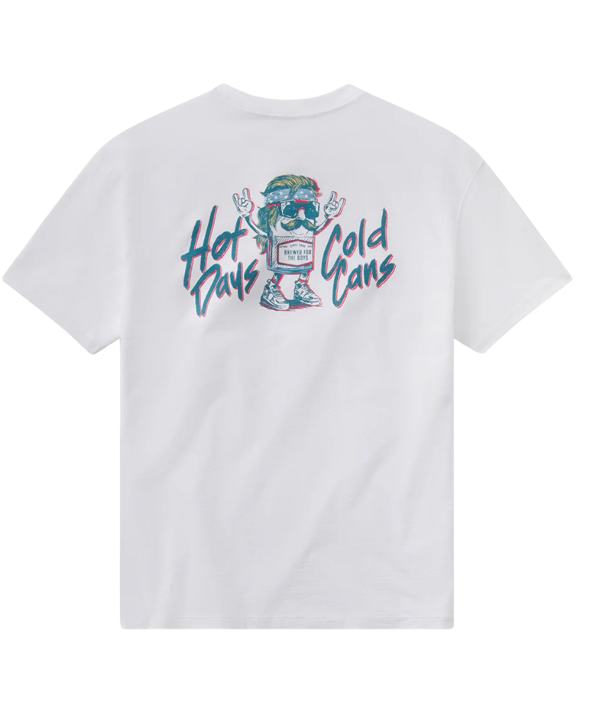 White t-shirt with a graphic design on the back featuring text and a character.