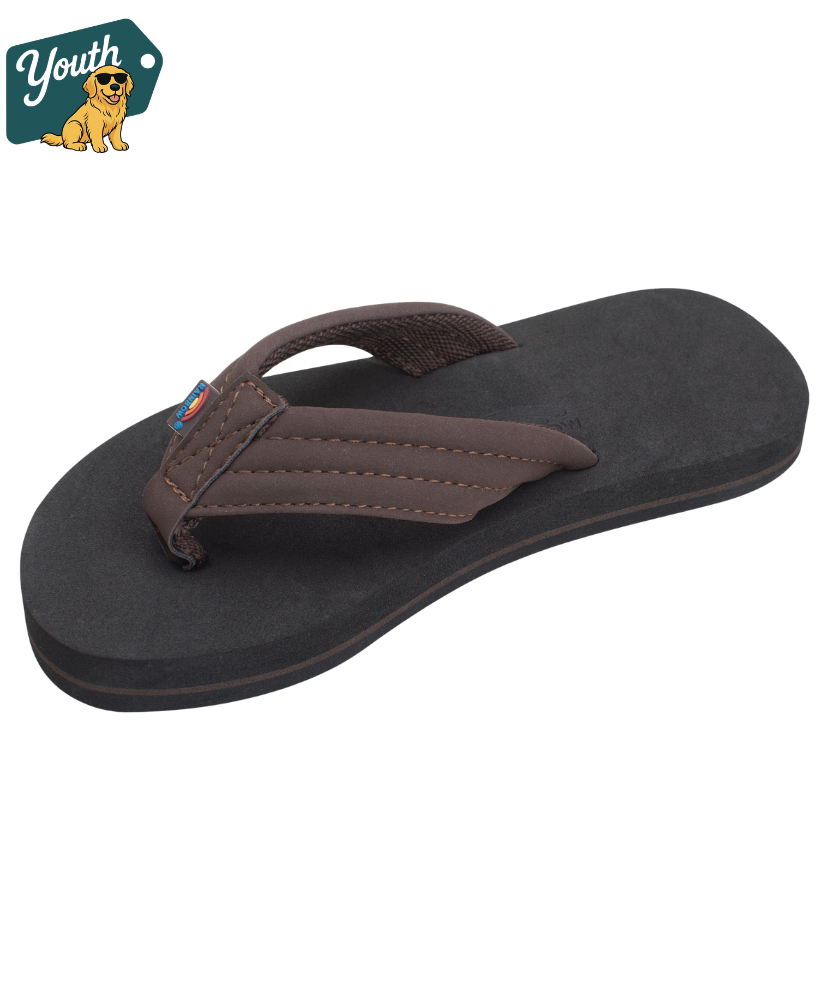 Brown sandal with black sole on a white background, featuring a 'Youth' logo with a dog graphic.