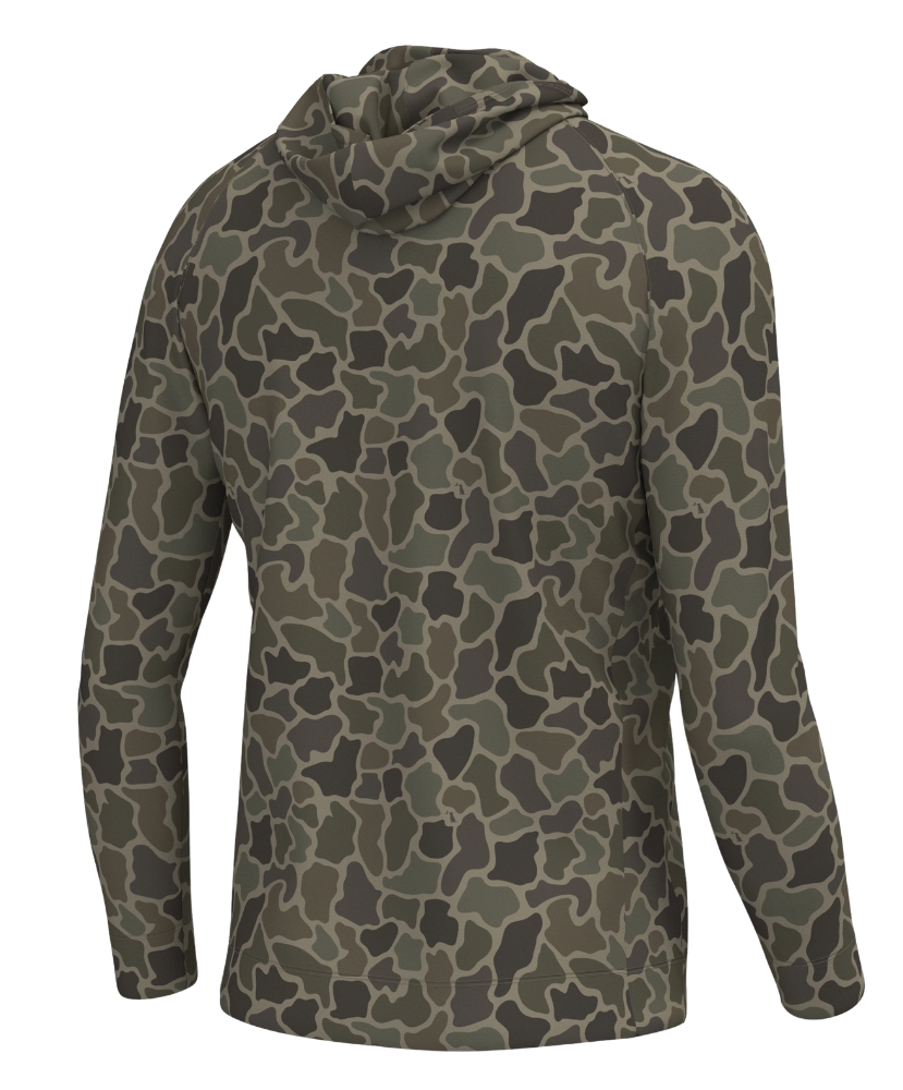 A long-sleeve hooded shirt with an all-over camouflage pattern in shades of olive green, dark gray, and brown, shown from the back on a white background.