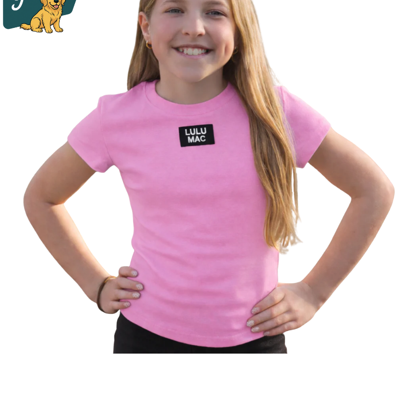 Girl wearing a pink Lulu Mac t-shirt with a brand logo on a white background
