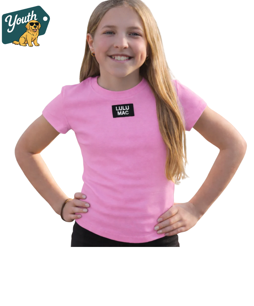 Girl wearing a pink Lulu Mac t-shirt with a brand logo on a white background