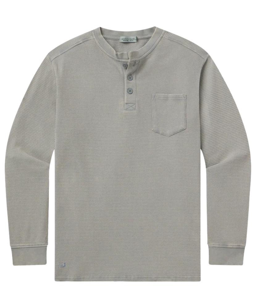 Burnt Sage long-sleeve henley shirt with a pocket on a white background