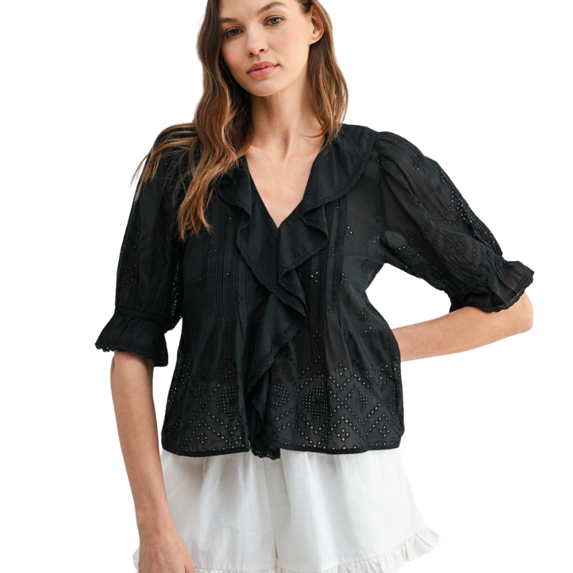 Eyelet Ruffle Pintuck Blouse Puff Sleeve Top