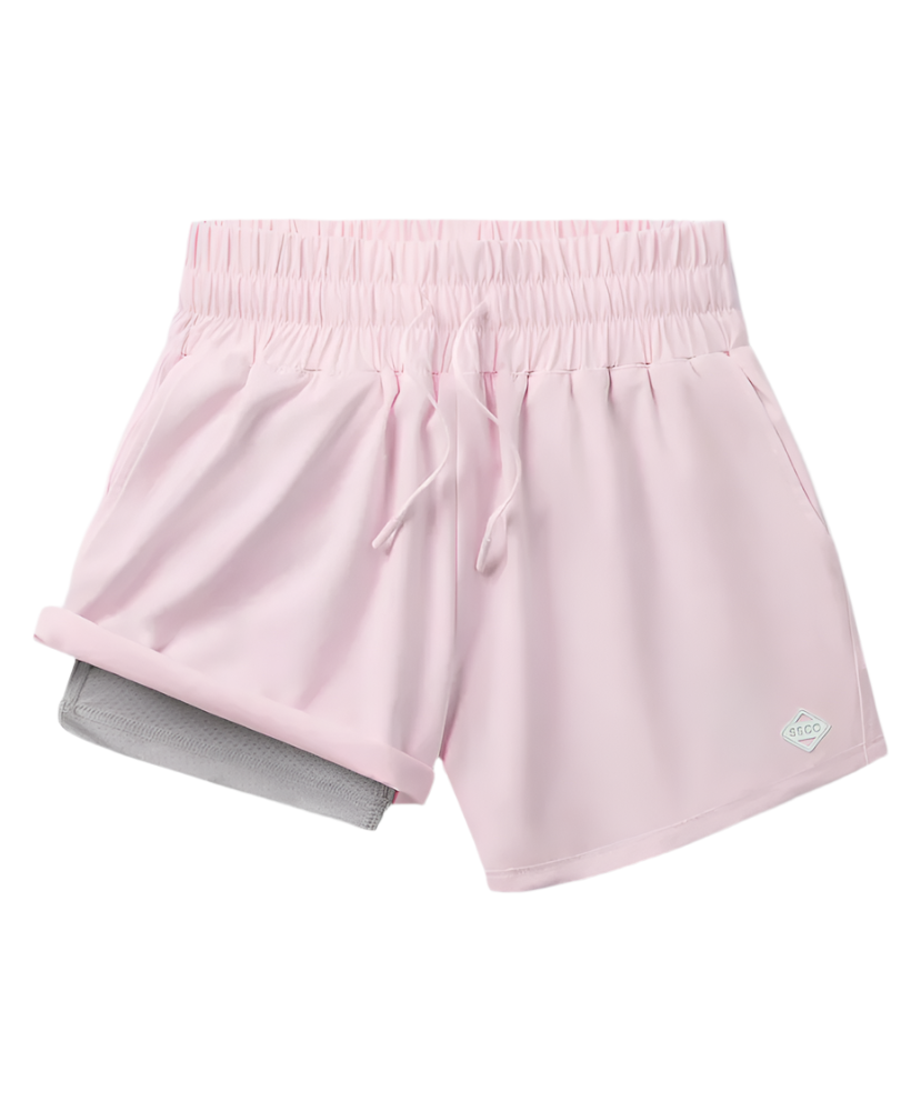 Pink shorts with a small logo on a white background