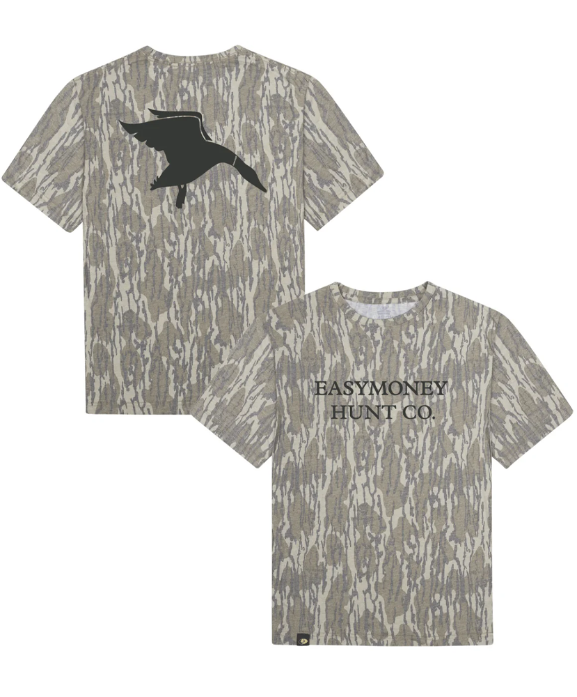 Camouflage t-shirt with duck silhouette on the back and 'Easymoney Hunt Co.' text on the front.
