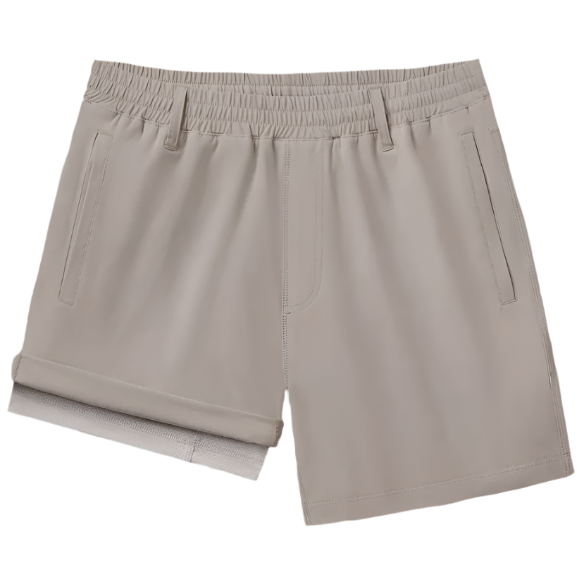 A pair of blue everyday hybrid shorts 2.0 with a built-in liner, water-repellent finish, and a fully elastic waistband with a reversible drawstring.