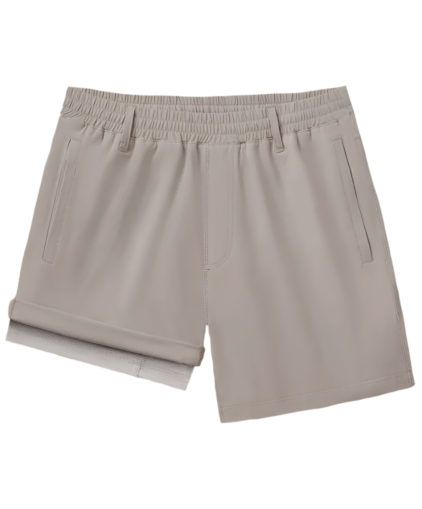 A pair of blue everyday hybrid shorts 2.0 with a built-in liner, water-repellent finish, and a fully elastic waistband with a reversible drawstring.