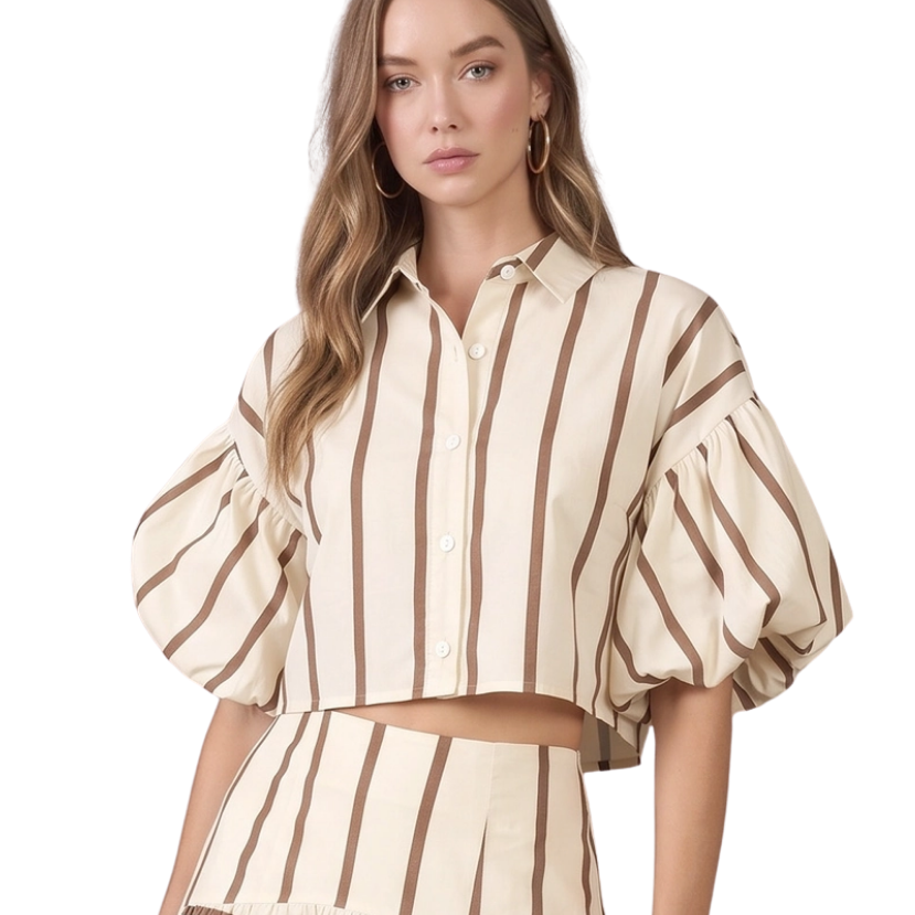 Striped Puff Sleeve Button-Down Crop Top