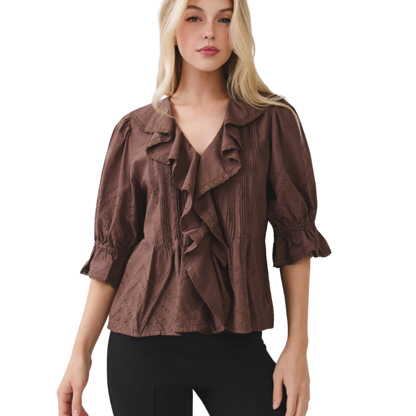 Eyelet Ruffle Pintuck Blouse Puff Sleeve Top