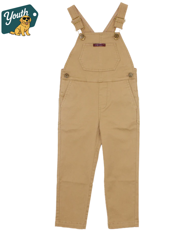 Beige youth overalls on a white background with 'Youth' logo in the corner.