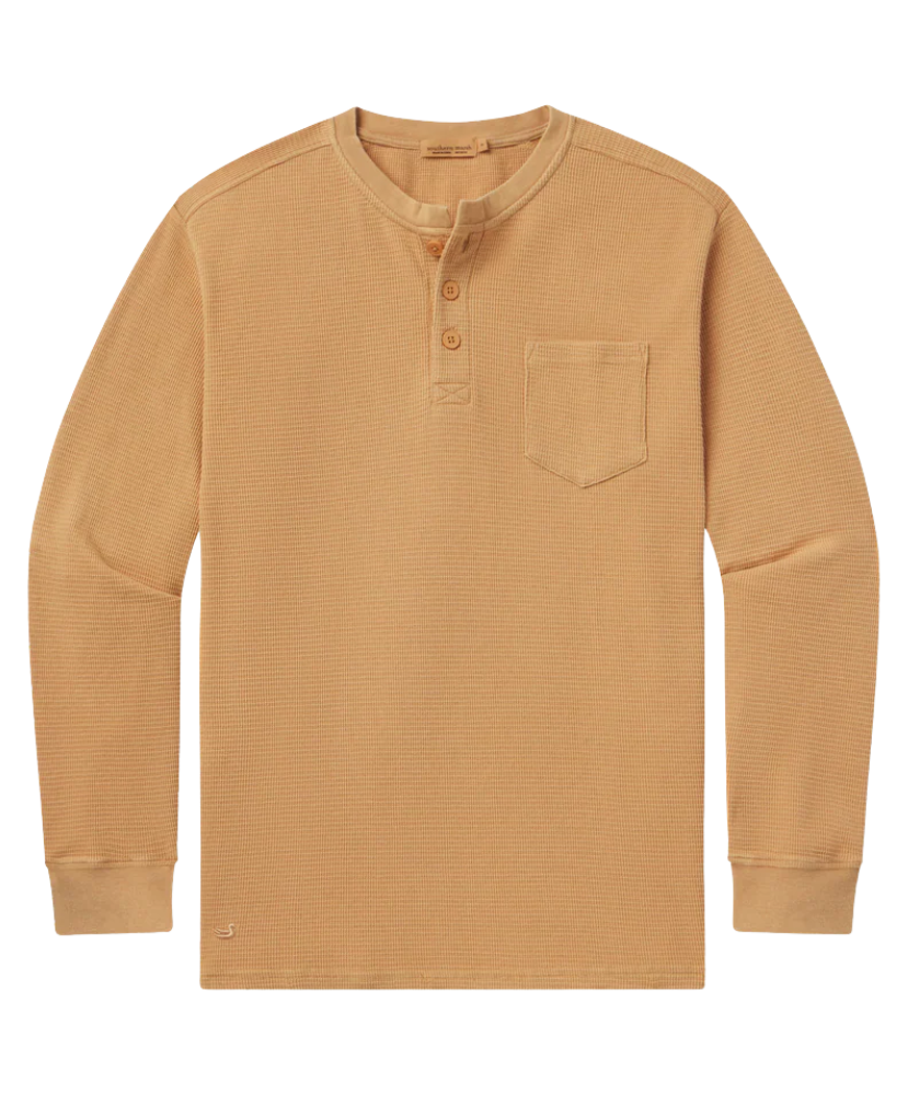 Brown long-sleeve henley shirt with a pocket on a white background