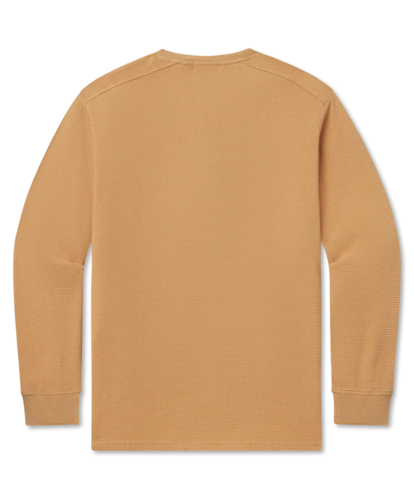 Tan long-sleeve henley shirt on a white background