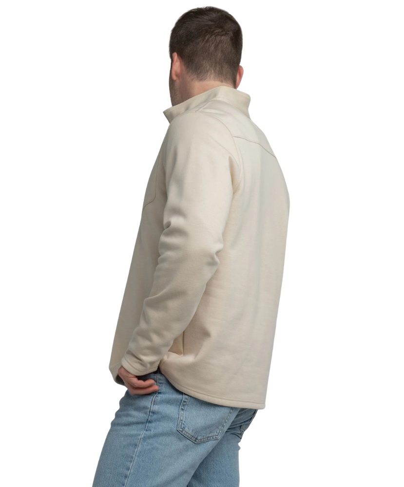 Man wearing a beige fleece jacket on a white background