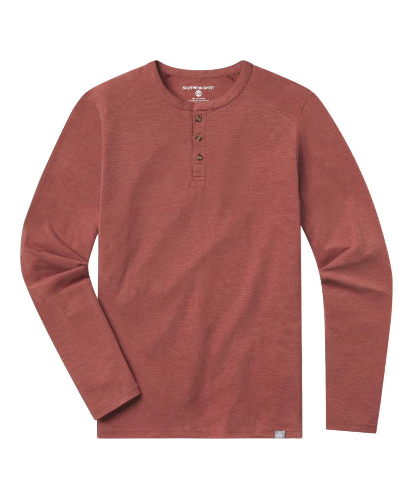 Red long-sleeve henley shirt on a white background